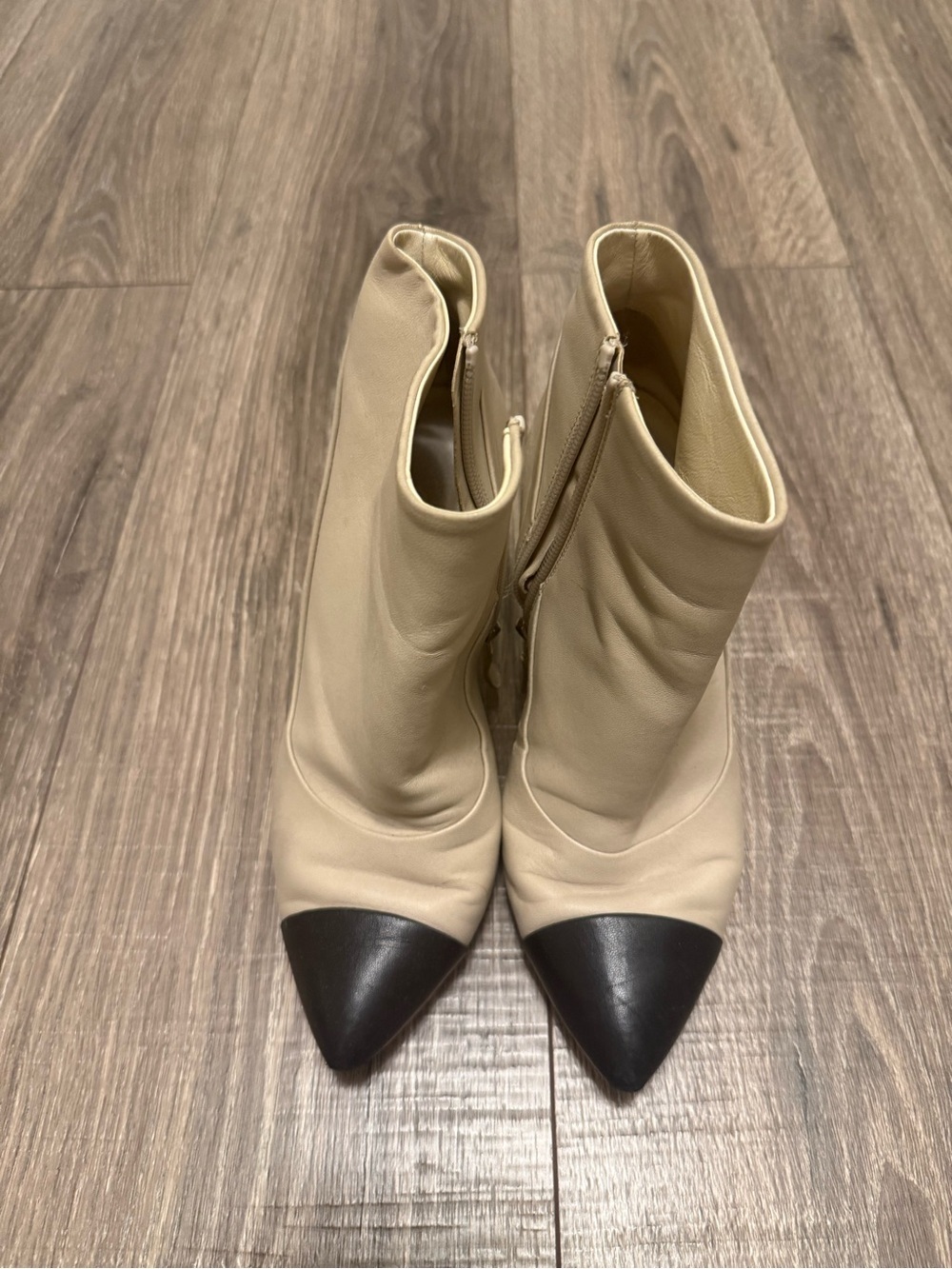 Chanel Women’s Interlocking C Lambskin Leather Beige Ankle Boots Size 37